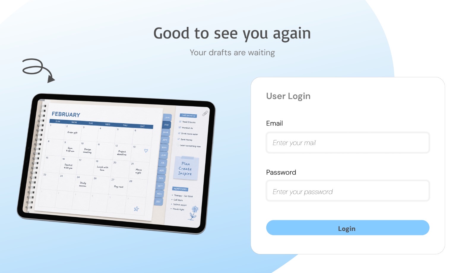 Planner app - login screen
