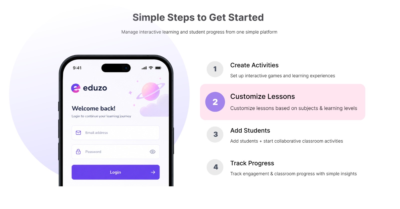 Eduzo - onboarding steps